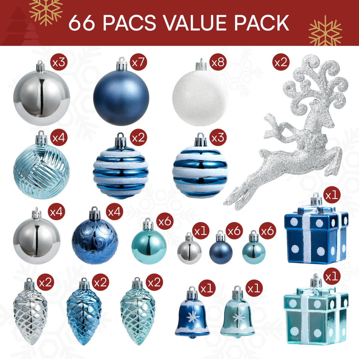 66-Piece Christmas Ball Ornament Set in Light Blue