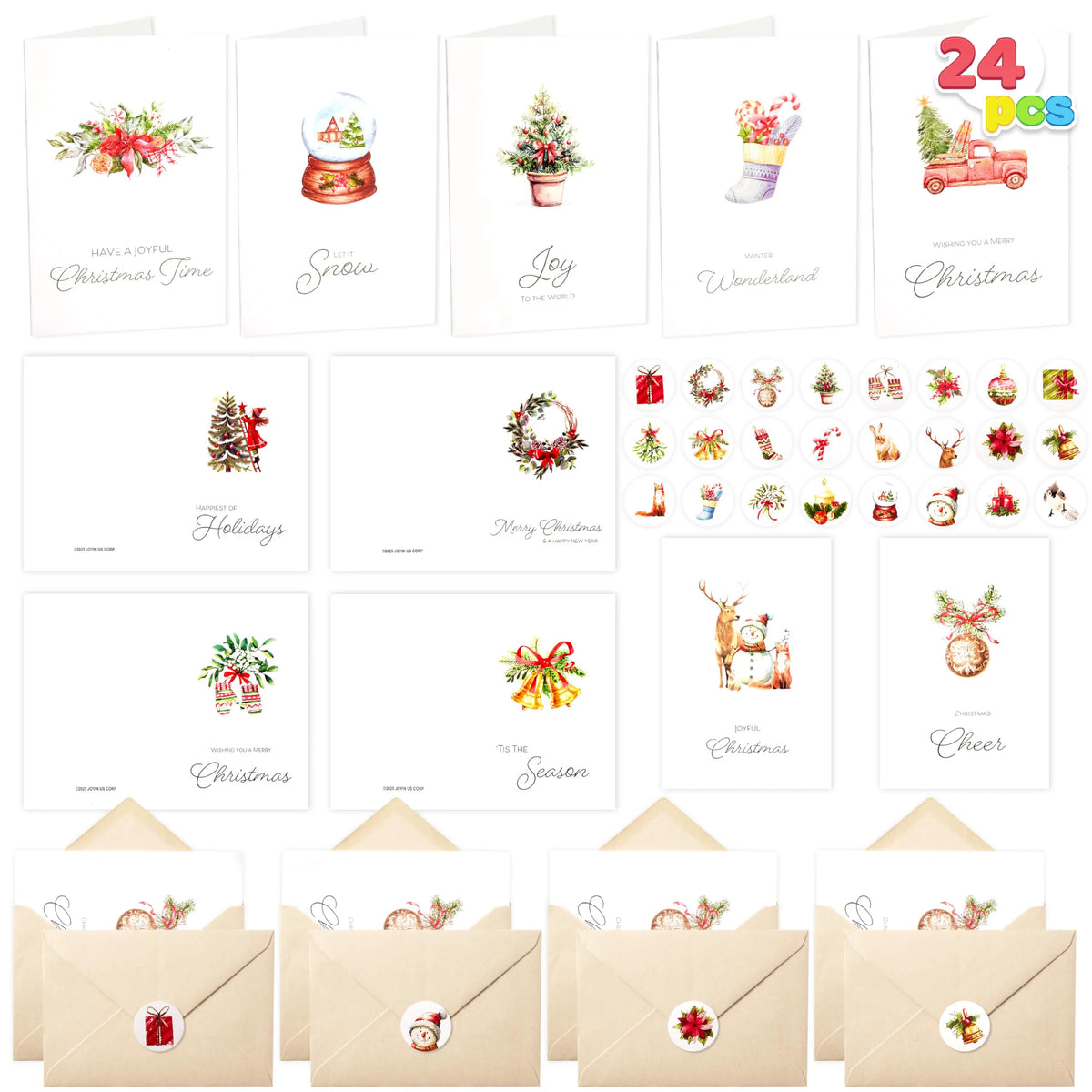 24 White Christmas Cards with Envelopes and Stickers