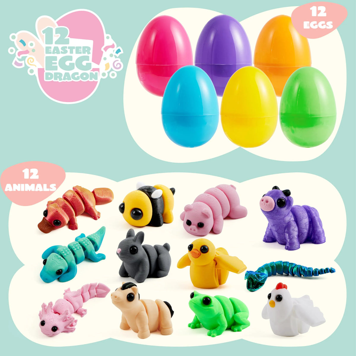 12 Prefilled Easter Eggs with 3D Mini Animals