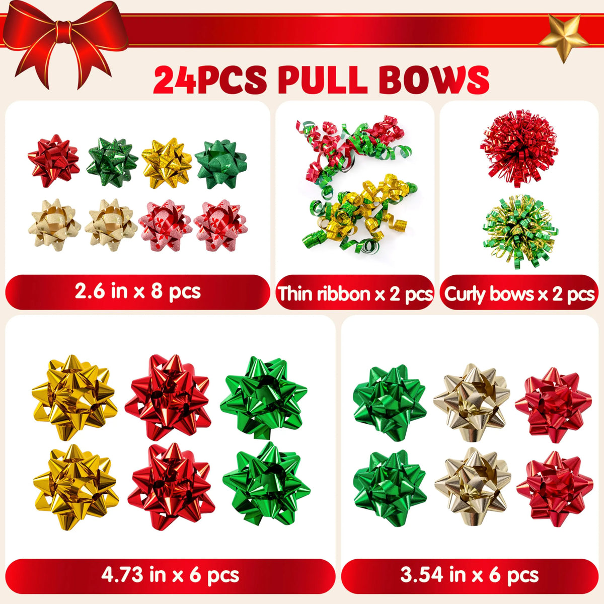 24 Pack Christmas Gift Bows for Wrapping