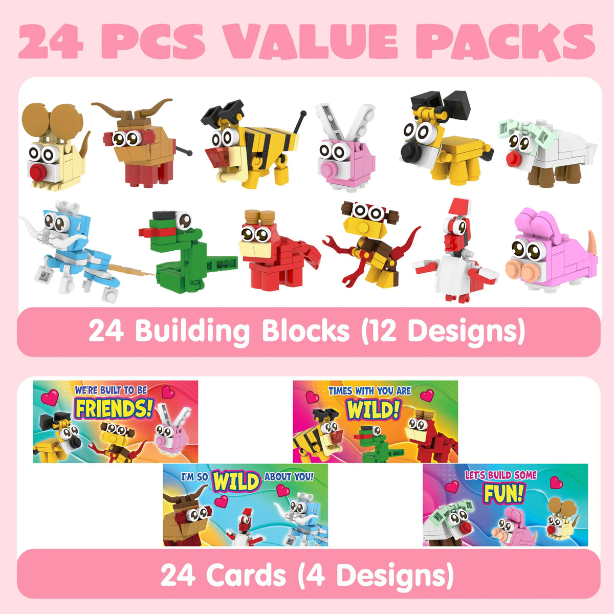 24 Pack Valentine's Day Gift Cards with Animal Building Blocks for Party Favors
