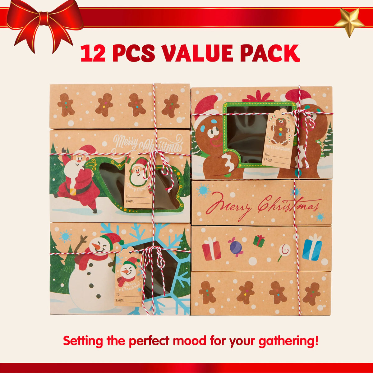 24 PCS Christmas Cookie Gift Baking Box with Window, Auto-Popup Design