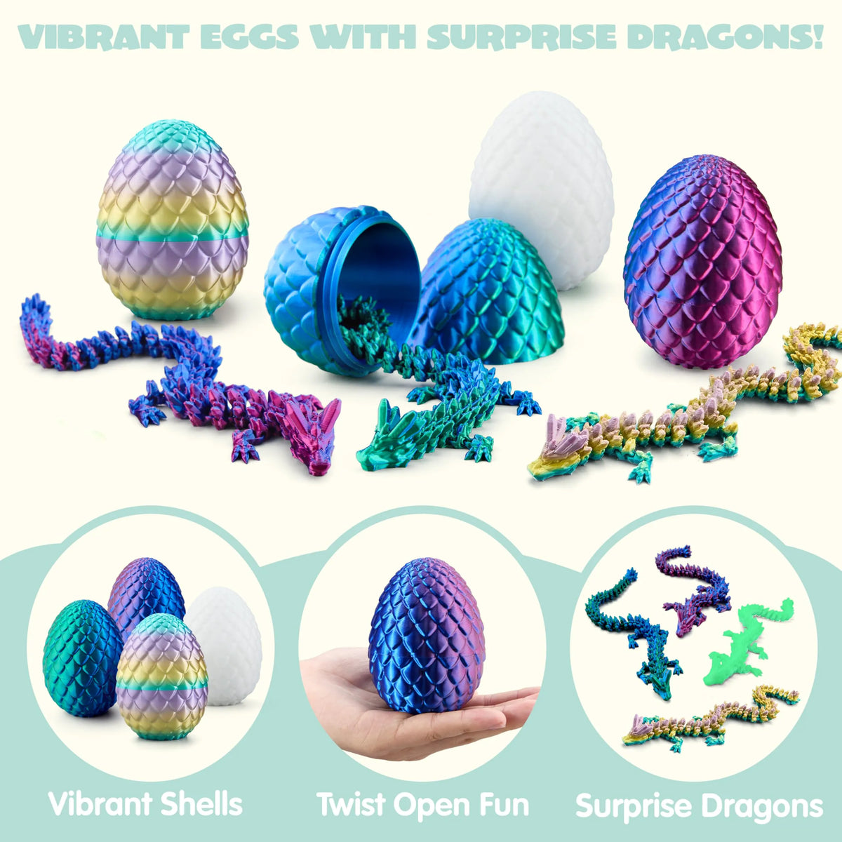 4 Pack 3D Printed Dragon Eggs with Laser Dragon - Articulated Fidget Toys for Kids