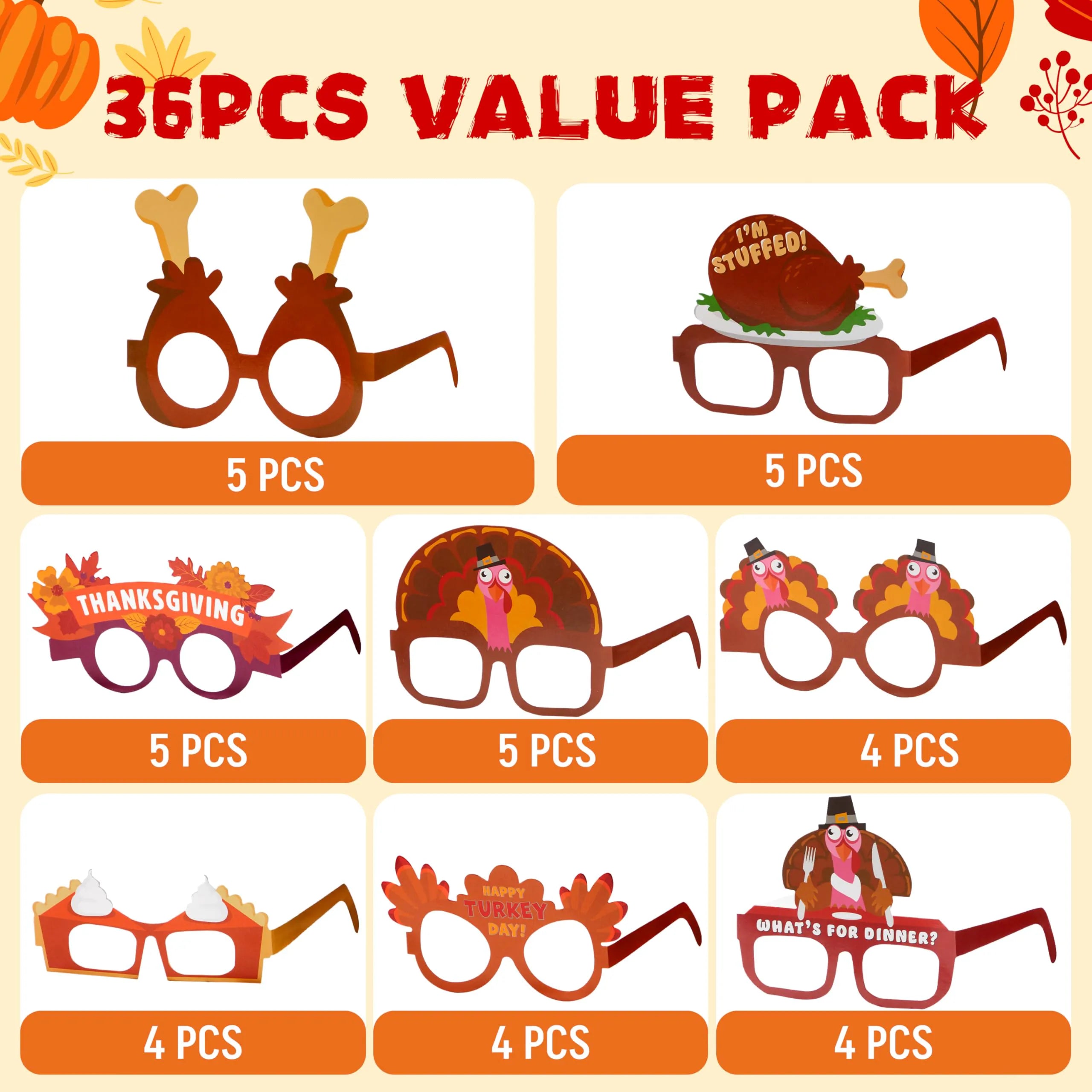 36 Pack Thanksgiving Turkey Eyeglasses Photo Props for Kids