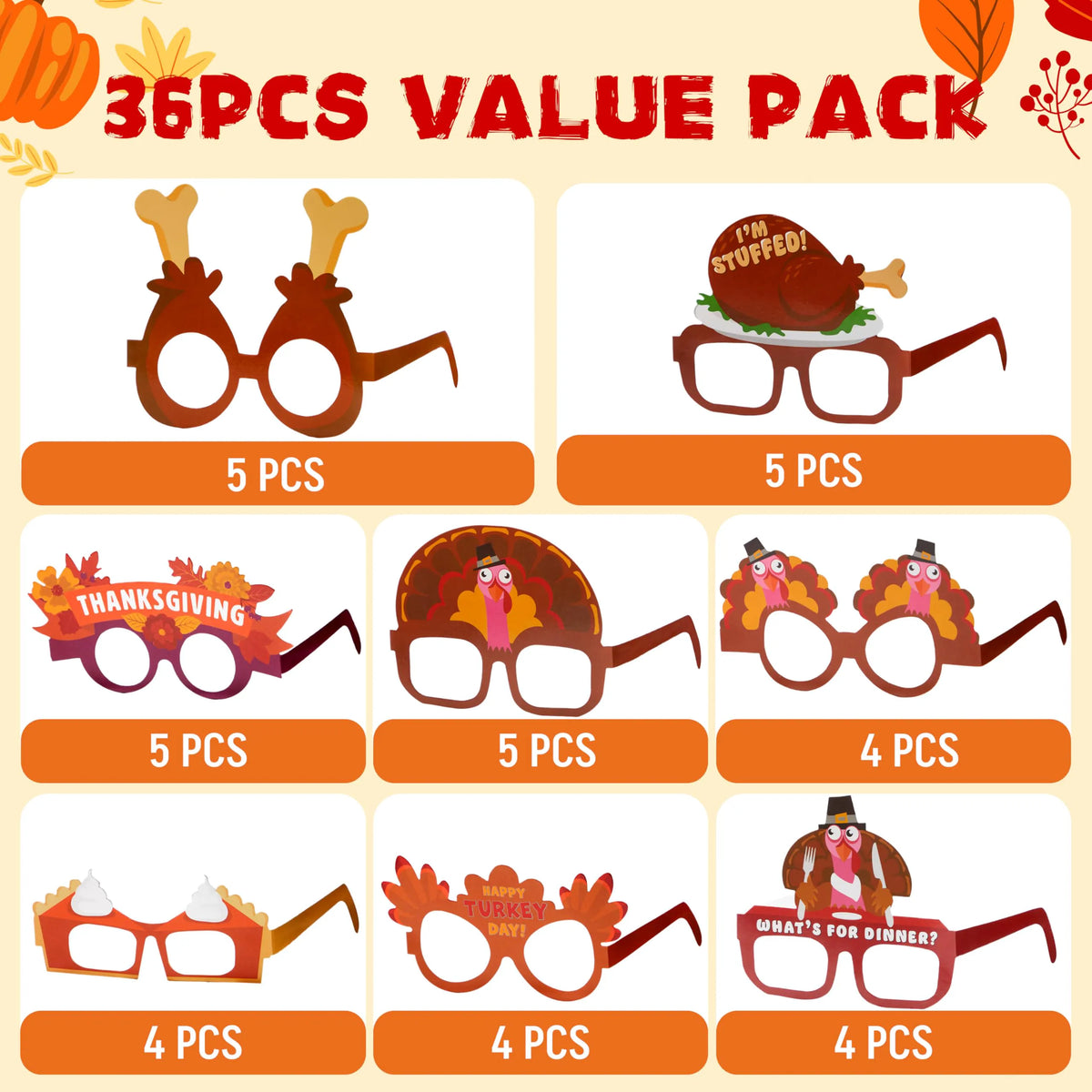 36 Pack Thanksgiving Turkey Eyeglasses Photo Props for Kids
