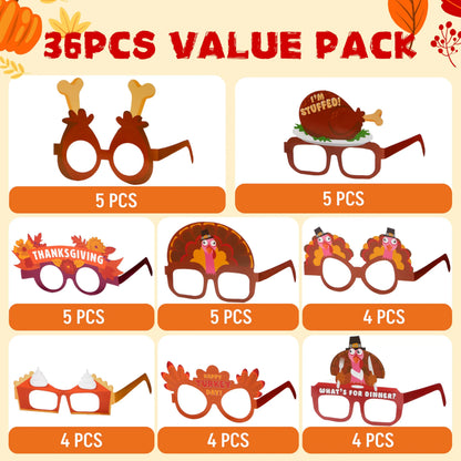36 Pack Thanksgiving Turkey Eyeglasses Photo Props for Kids