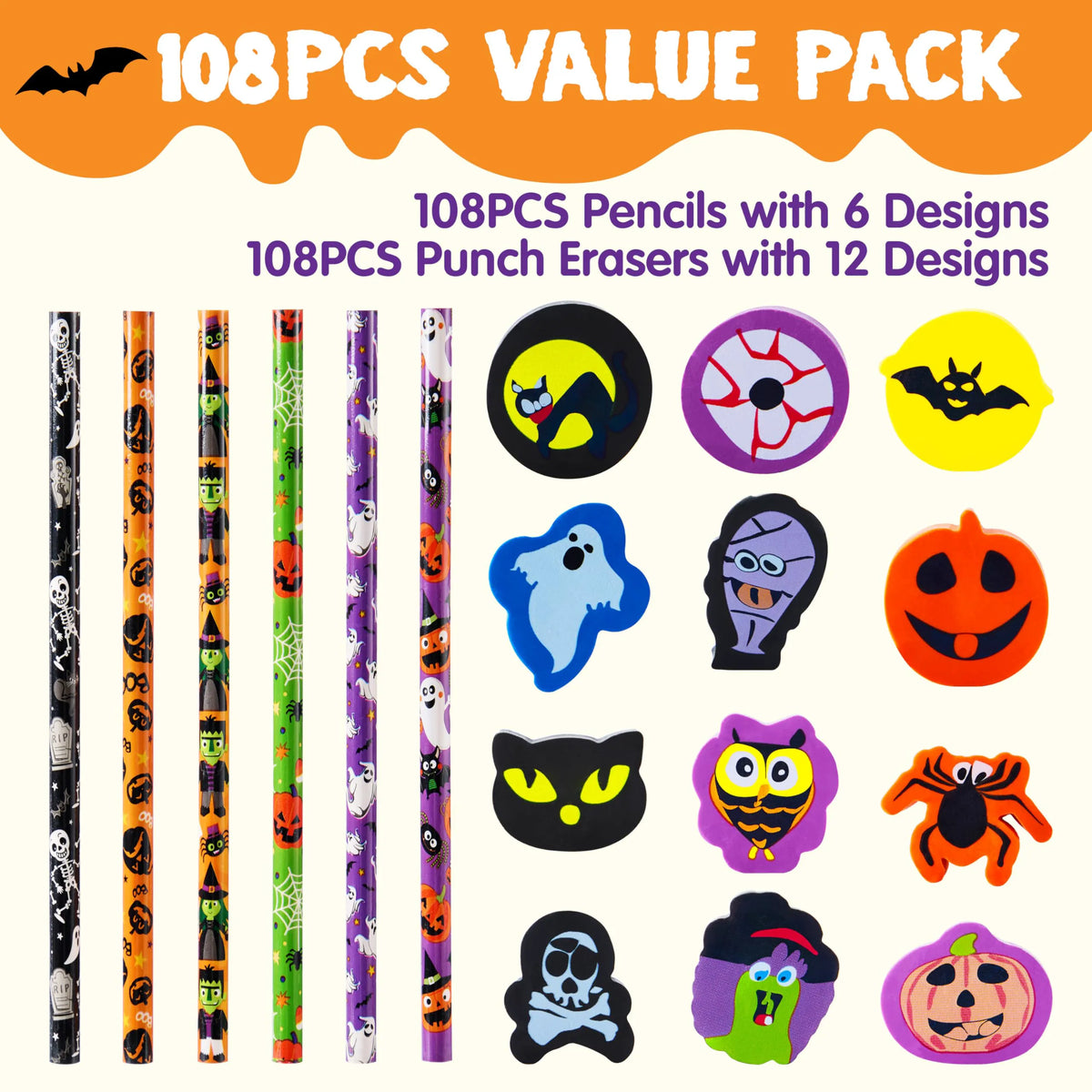 108-Piece Halloween Pencil Set with Erasers