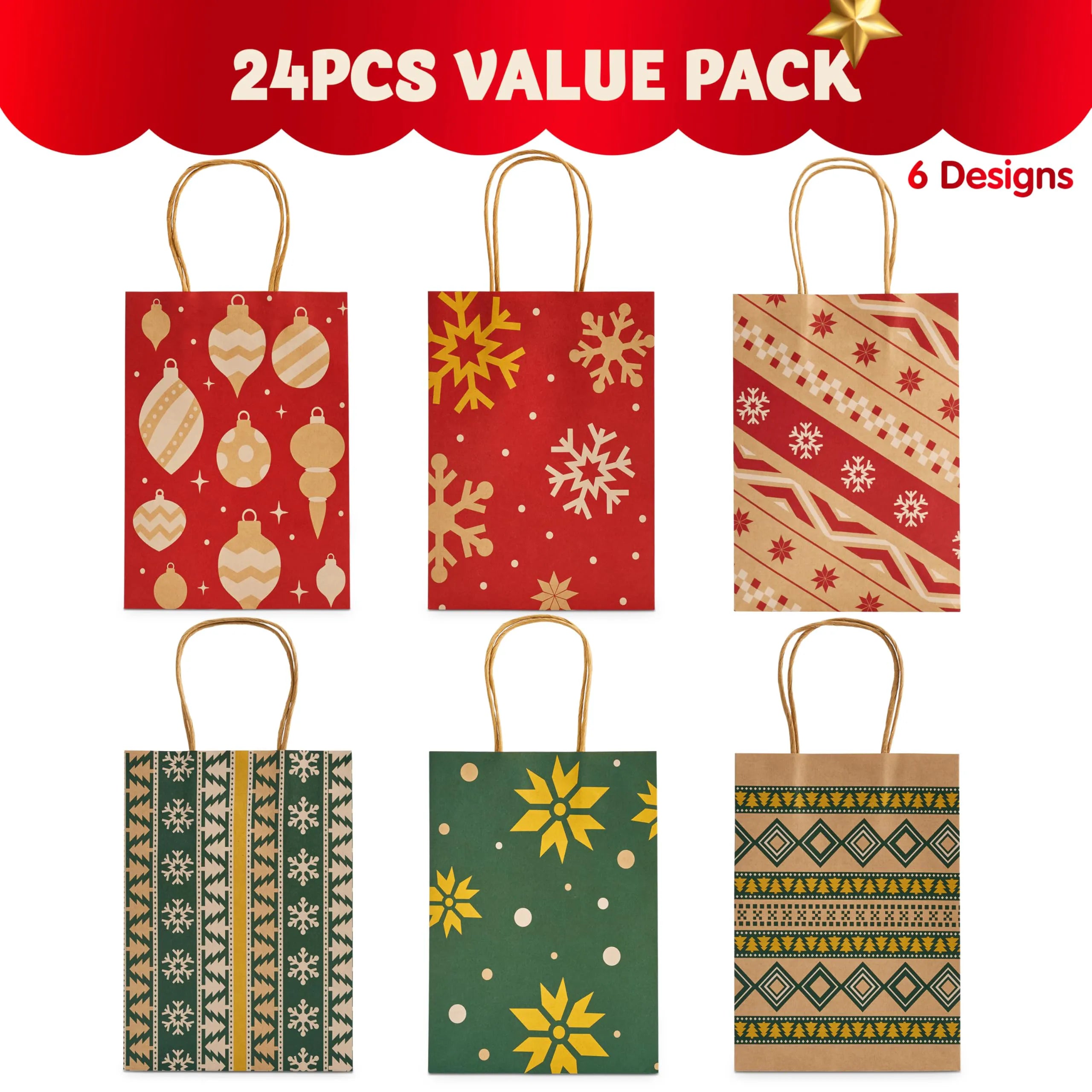 24-Pack Christmas Kraft Paper Gift Bags for Holiday Treats