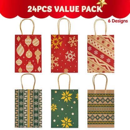 24-Pack Christmas Kraft Paper Gift Bags for Holiday Treats