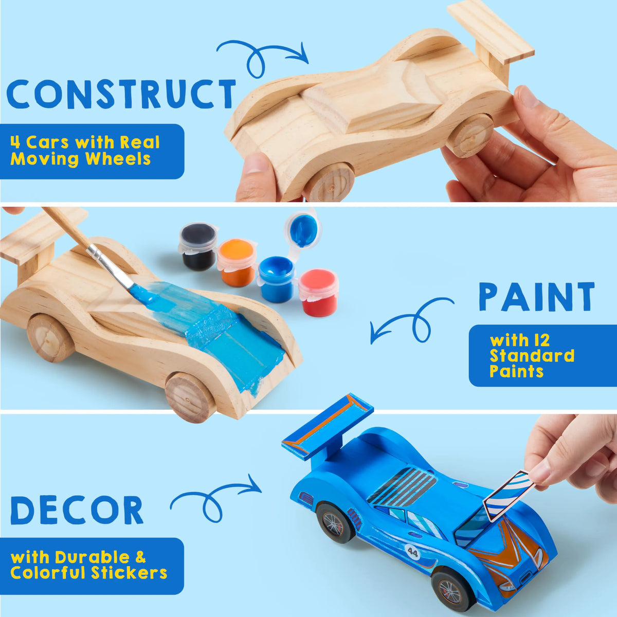 4 DIY Wooden Race Cars - Build & Paint Your Own Wood Craft Kit