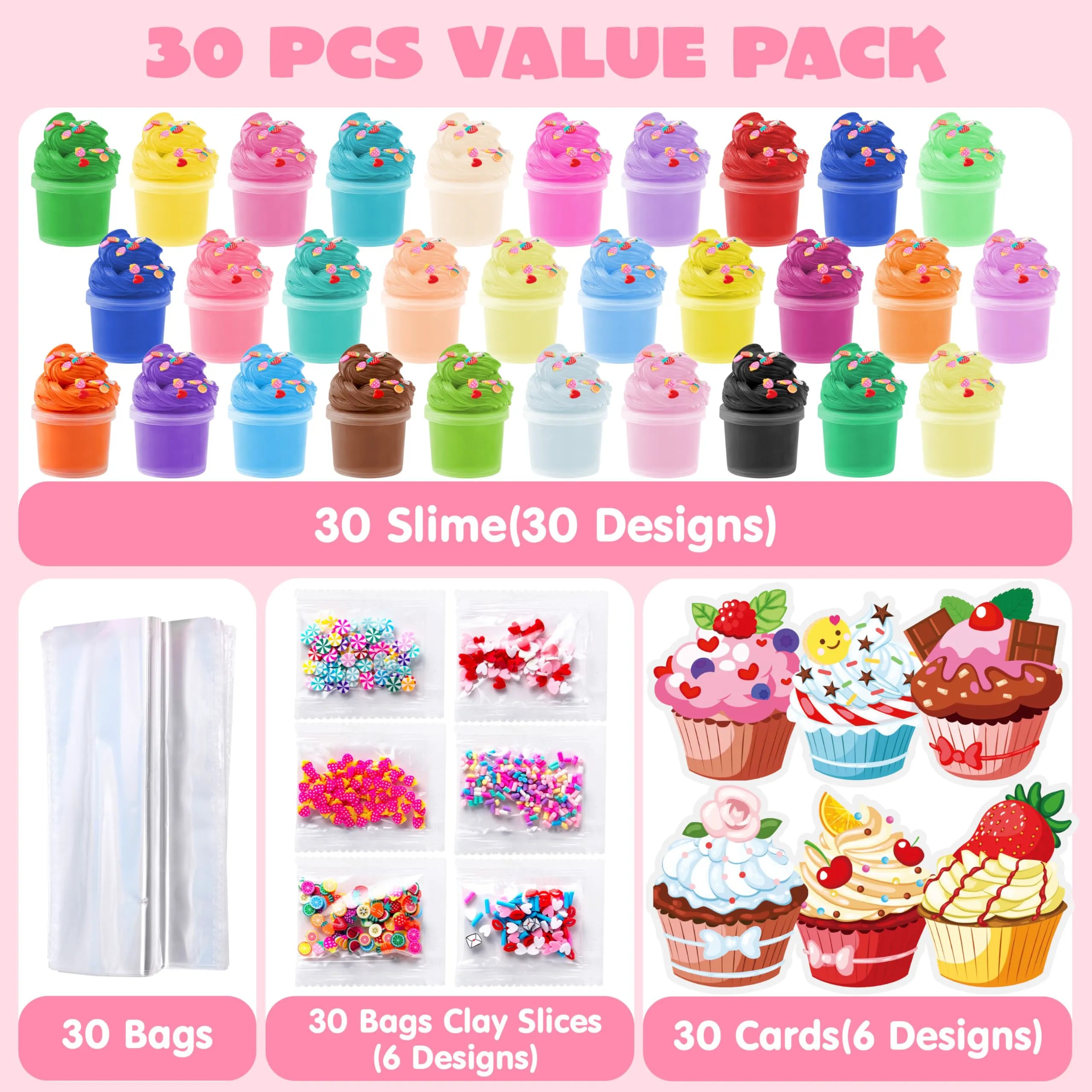 30-Piece Valentine's Day Multicolored Butter Slime Set with Rubber Slices & Dessert Cards