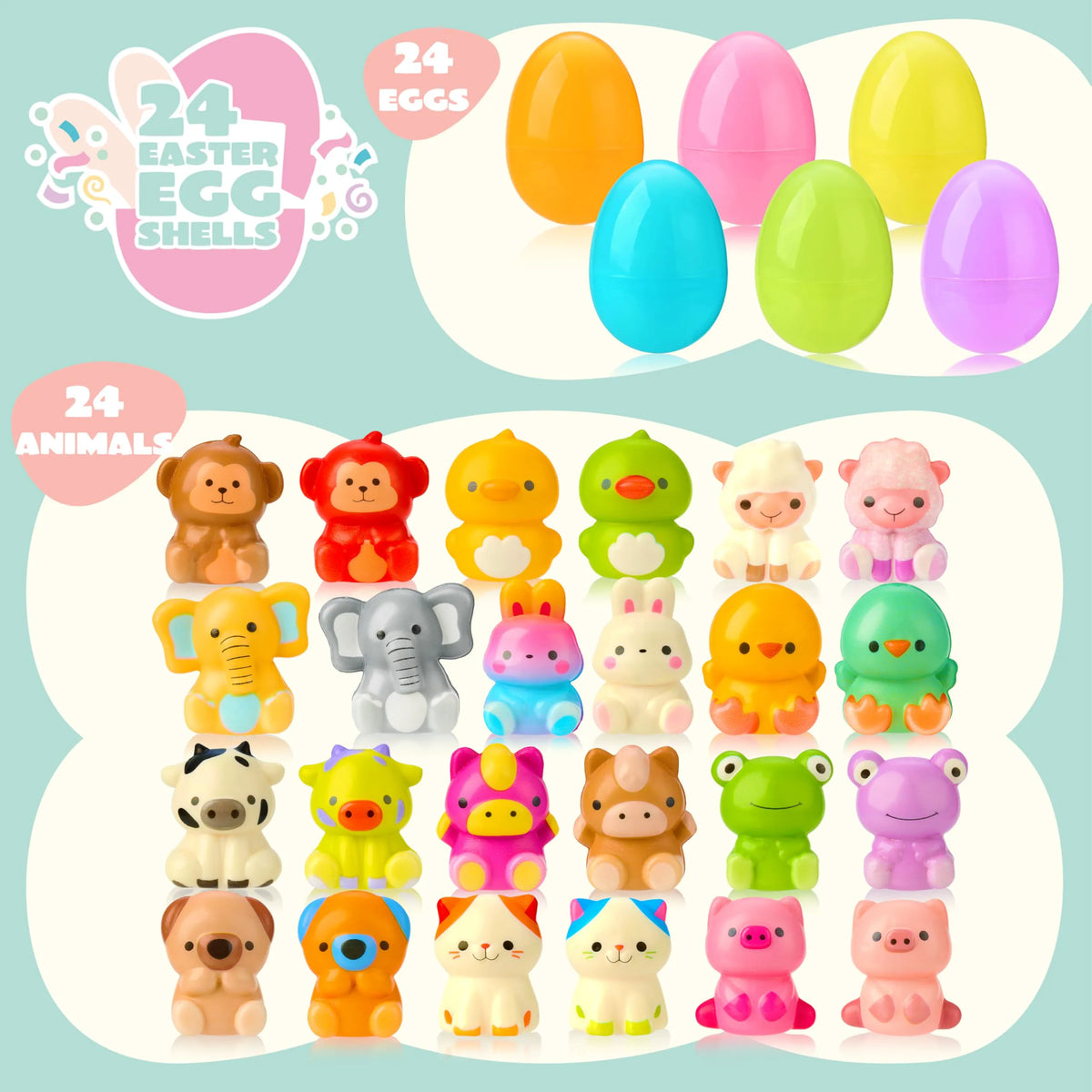 24 Pack Easter Prefilled Eggs with Animal Squishy Toys