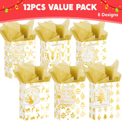 12 Pcs Christmas Foil Gold Gift Bags with Tissue Paper and Name Card Tags