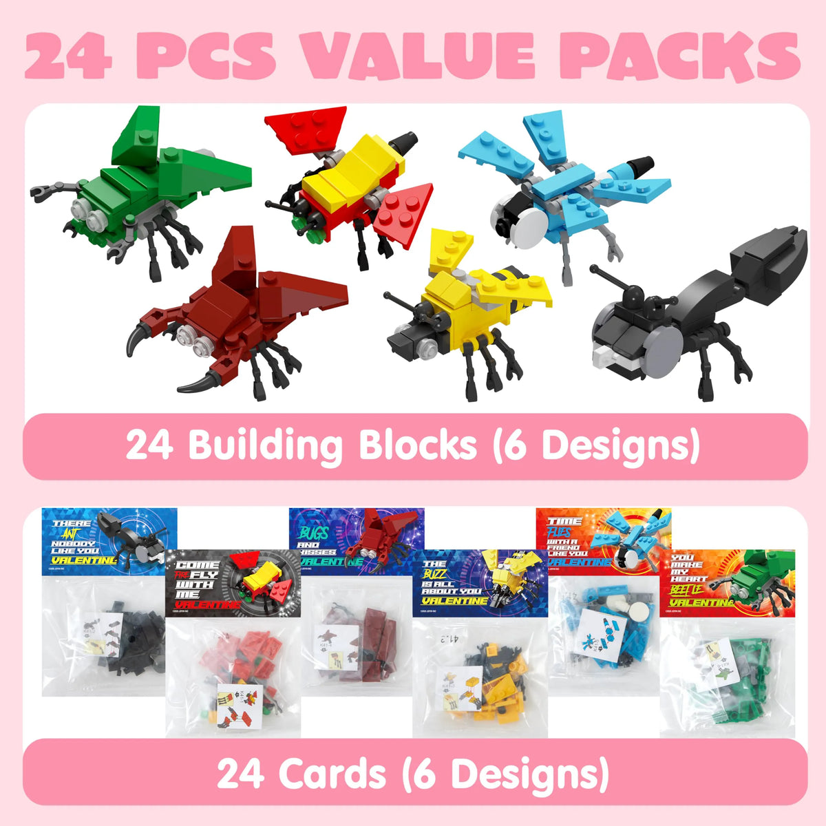 24 Pack Valentine's Day Cards with Animal Building Blocks for Gifts and Party Favors
