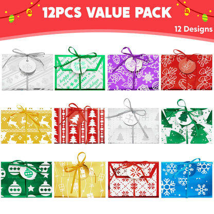 12 Pack Christmas Foil Gift Card Boxes with Ribbon