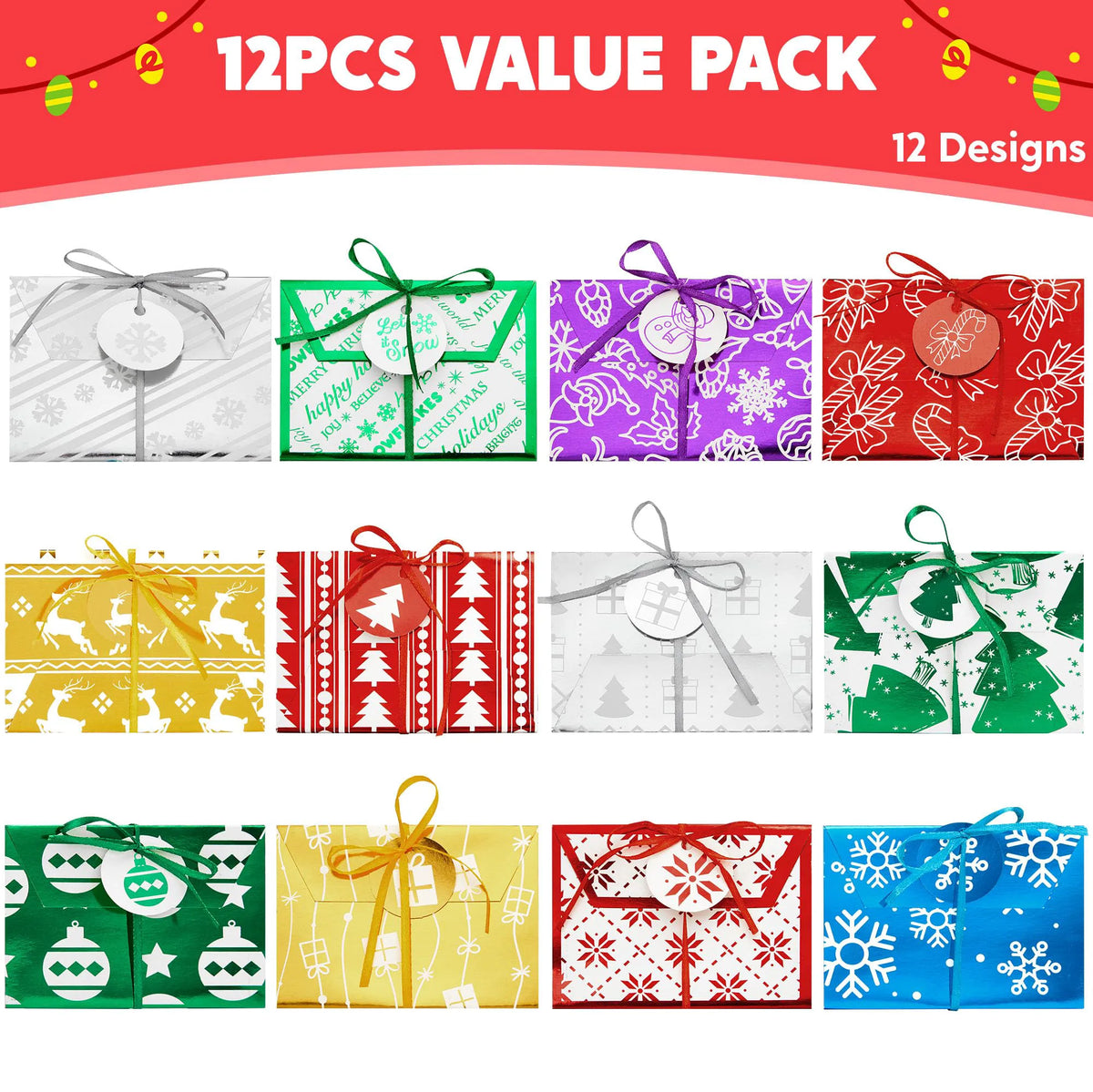 12 Pack Christmas Foil Gift Card Boxes with Ribbon