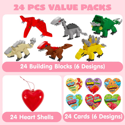 24 Pack Valentine's Day Cards with Dinosaur Building Blocks and Filled Hearts for Party Favors