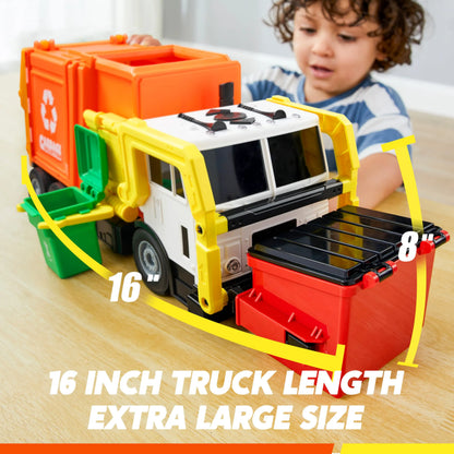 Large Orange Friction Powered Garbage Truck Toy Set