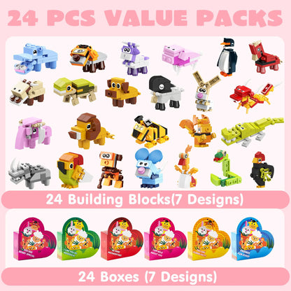 Animal Building Blocks Valentine's Heart Boxes Filled with Cards for Kids