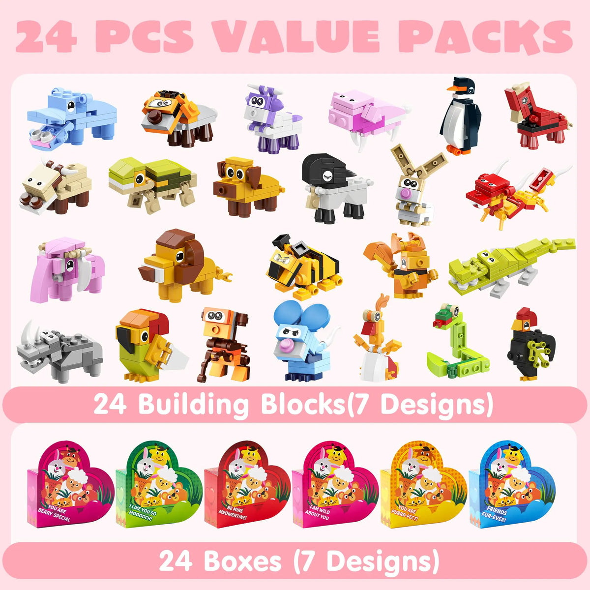 Animal Building Blocks Valentine's Heart Boxes Filled with Cards for Kids