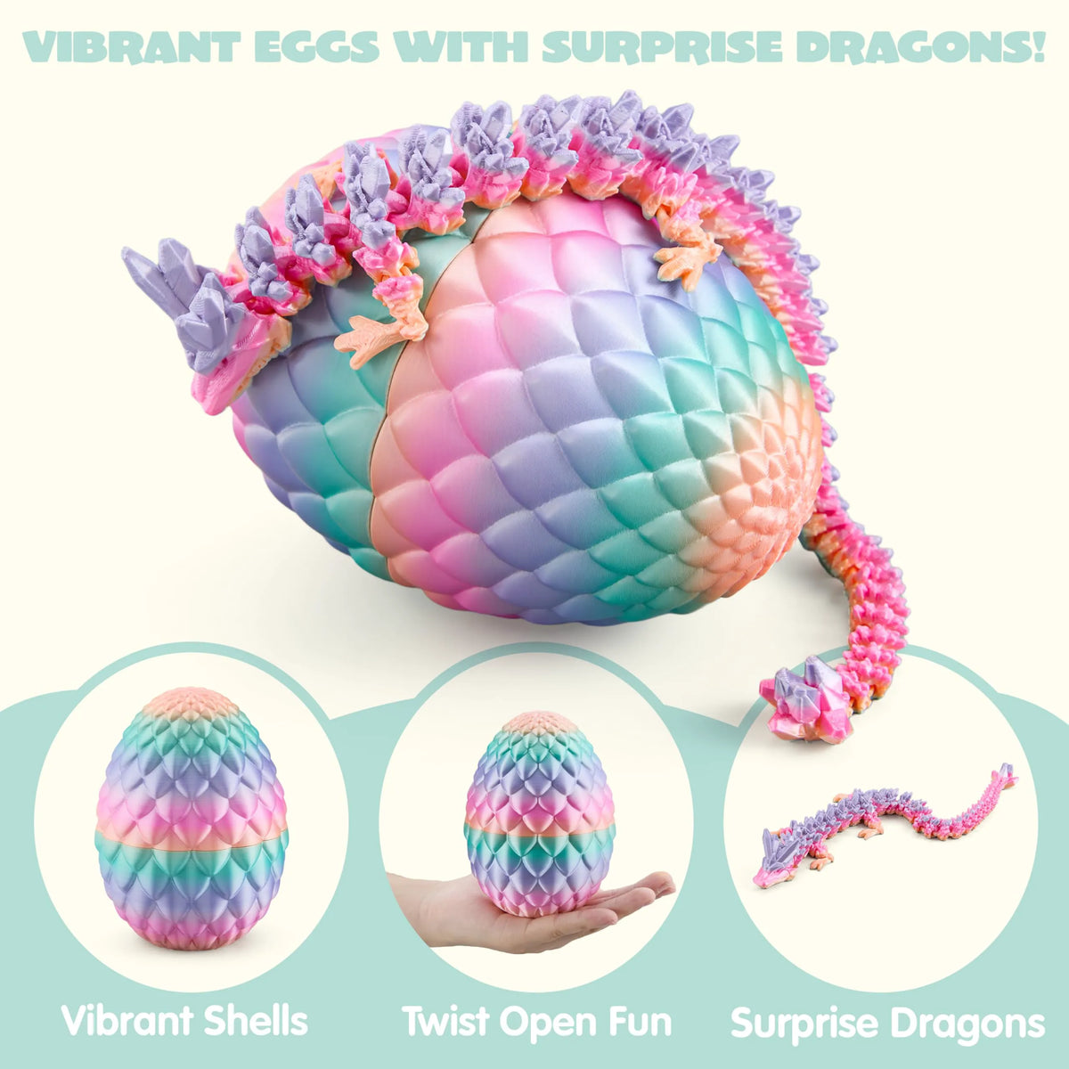 3D Printed Dragon Eggs with 12" Laser Rainbow Dragon Inside