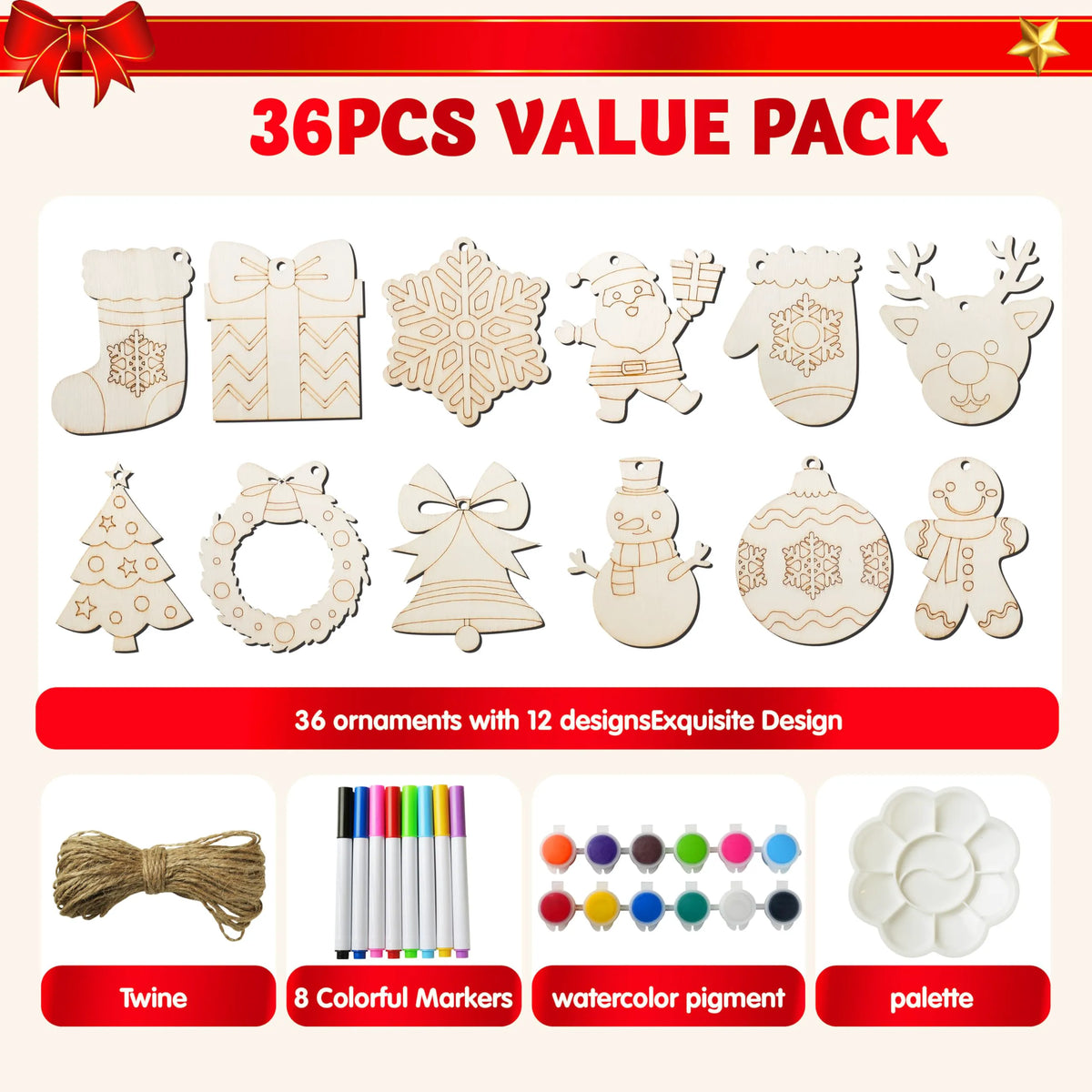 36-Pack Christmas Wooden Hanging Ornaments Craft Kit