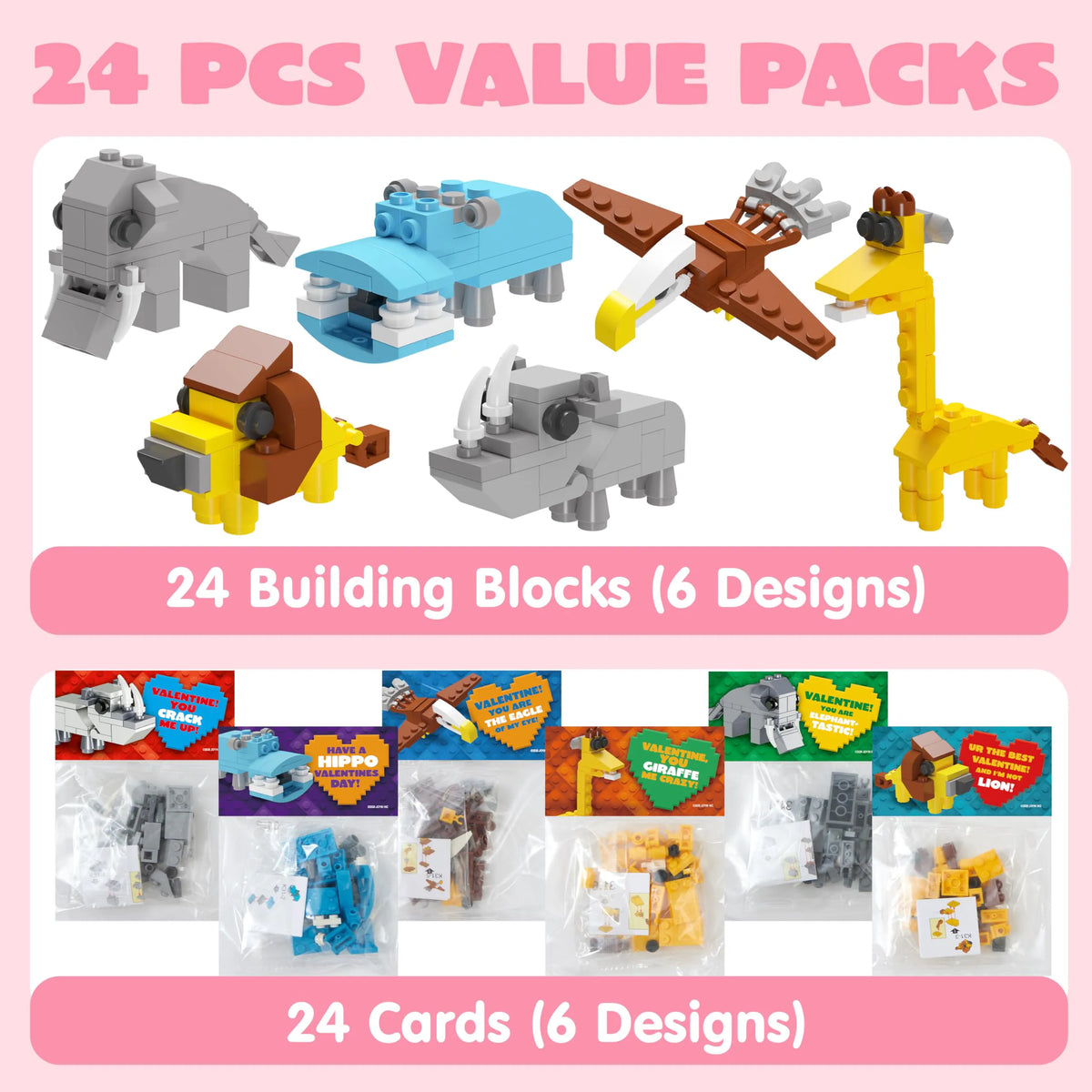 24 Pack Valentine's Day Cards with Safari Animal Building Blocks for Gifts and Party Favors