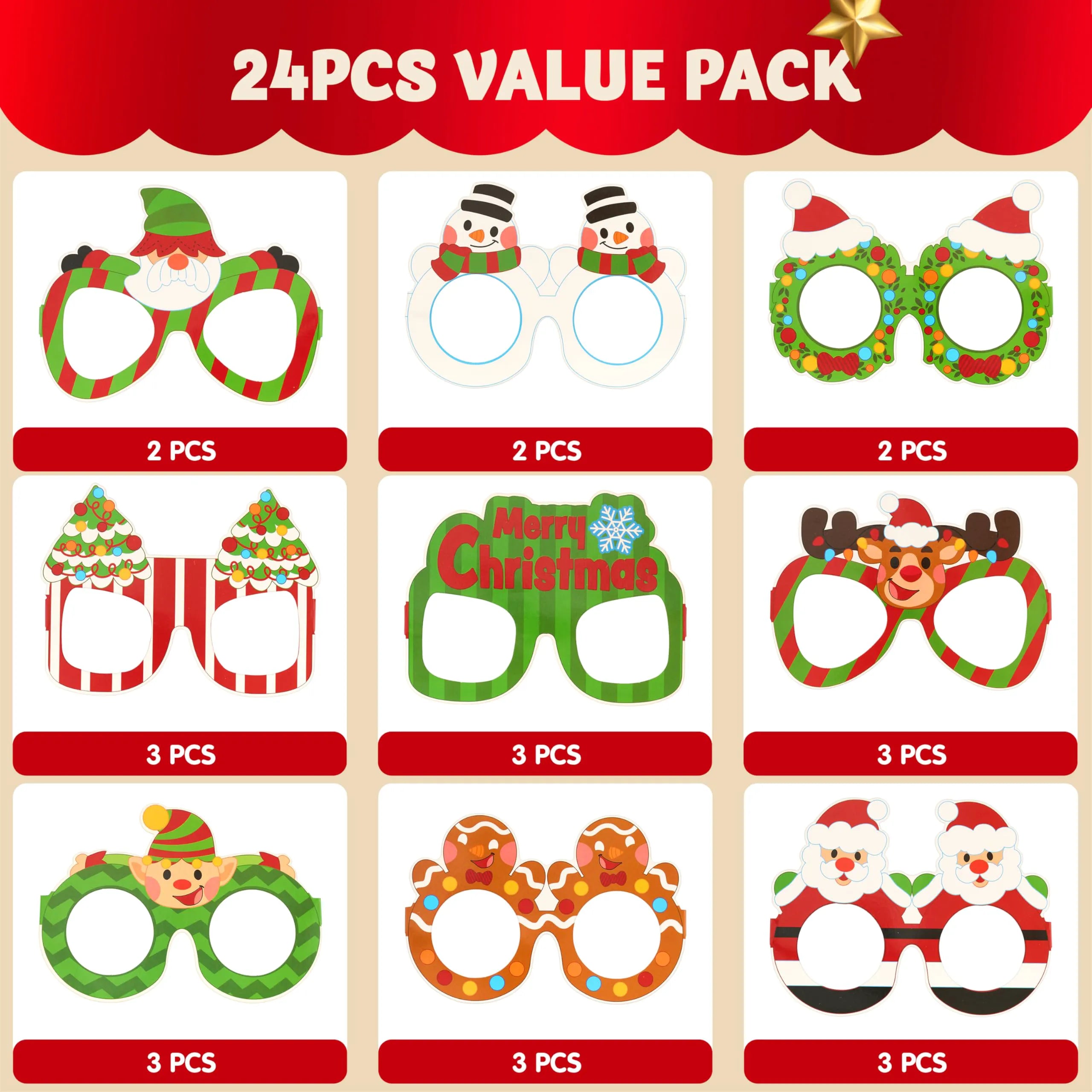 24 Pcs Christmas Paper Glasses