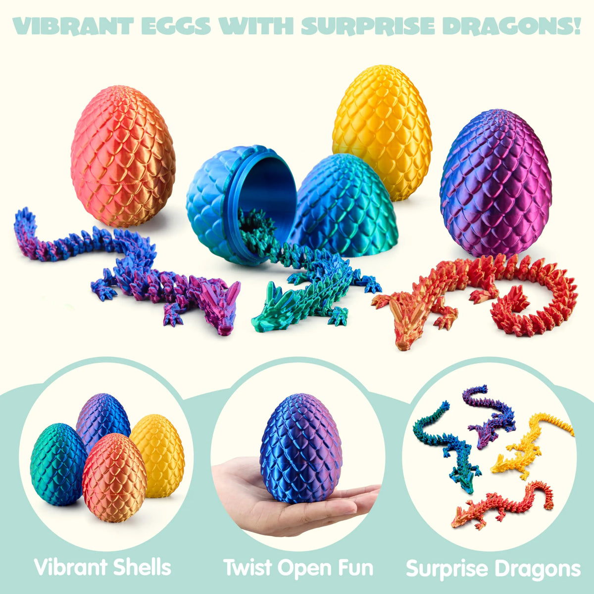 4 Pack 3D Printed Dragon Eggs with Laser Dragon - Articulated Fidget Toys for Kids