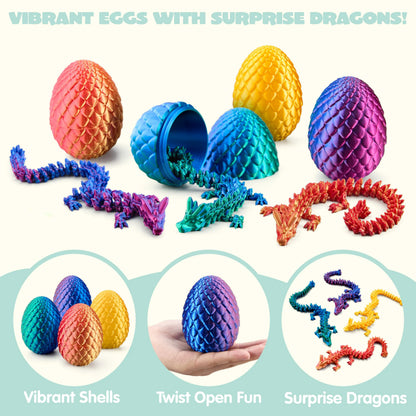 4 Pack 3D Printed Dragon Eggs with Laser Dragon - Articulated Fidget Toys for Kids