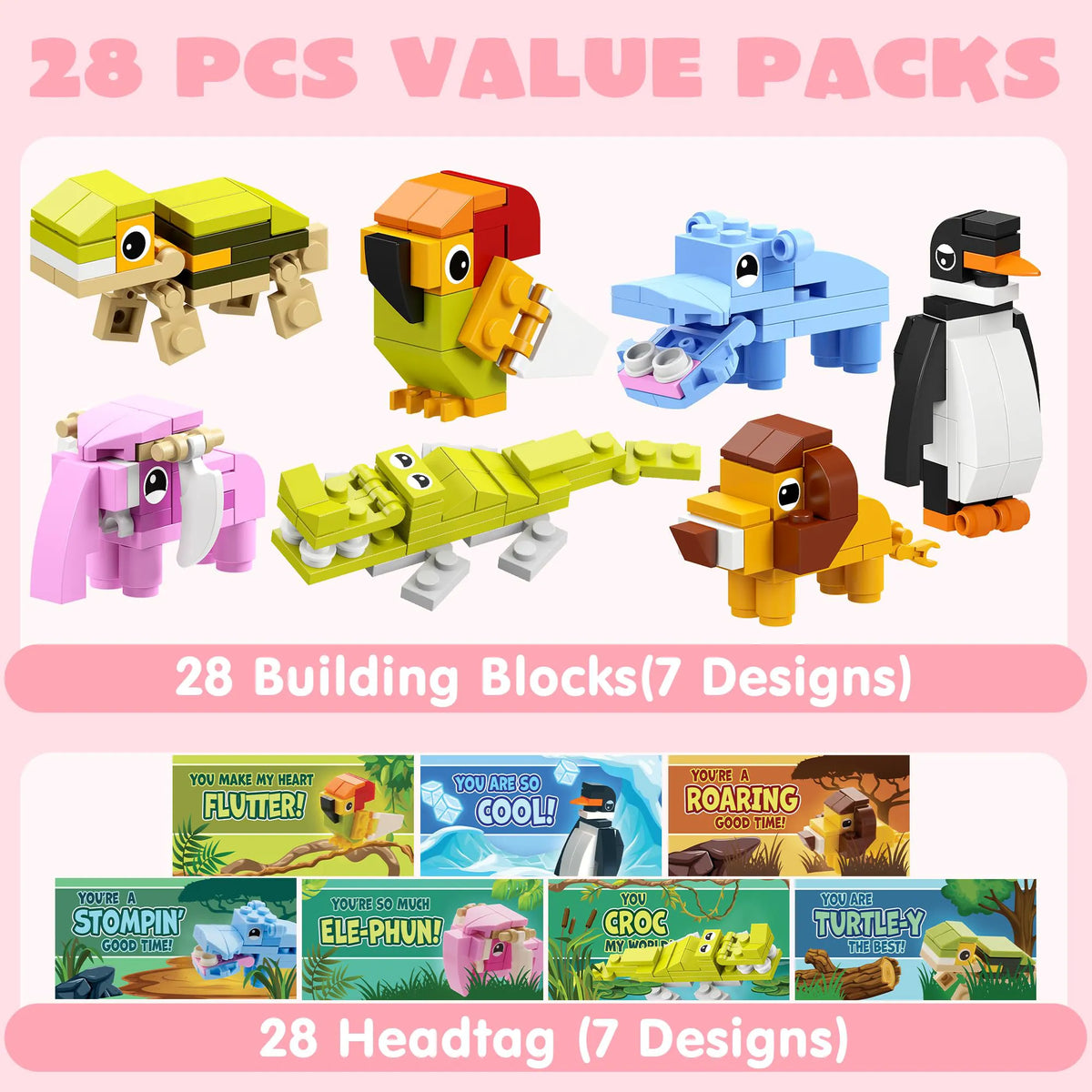 28-Piece Animal Building Blocks Set with Valentine's Day Cards for Kids