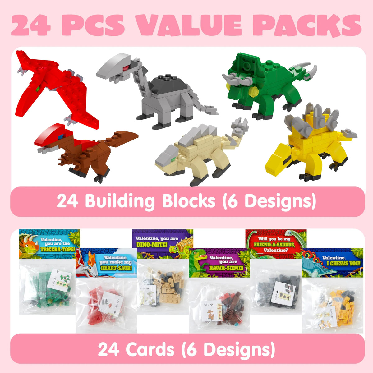 24 Pack Valentine's Day Cards with Dinosaur Building Blocks for Gifts and Party Favors