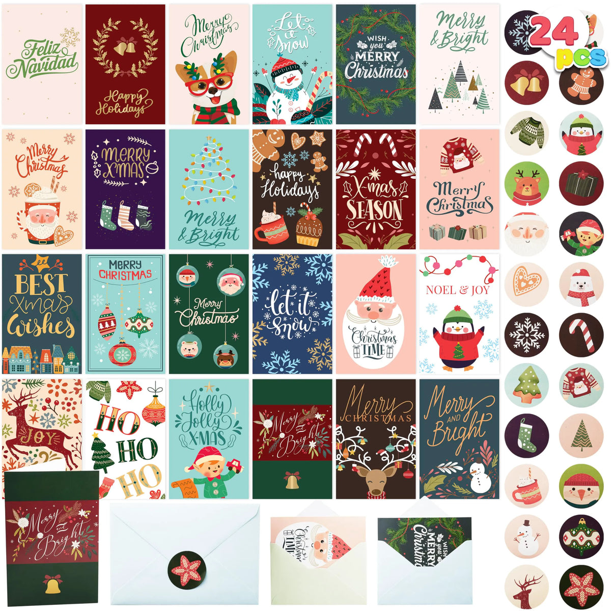 24 Christmas Cards with Envelopes and Stickers