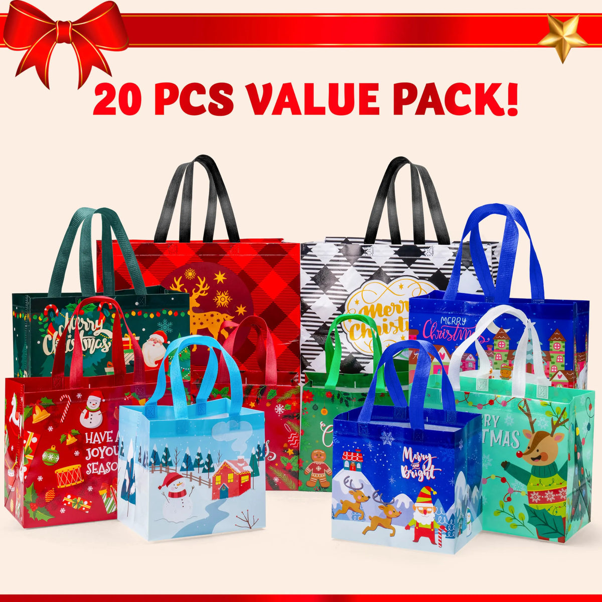 20 Pack Christmas Reusable Gift Bags, Assorted Sizes with Handles