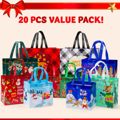 20 Pack Christmas Reusable Gift Bags, Assorted Sizes with Handles