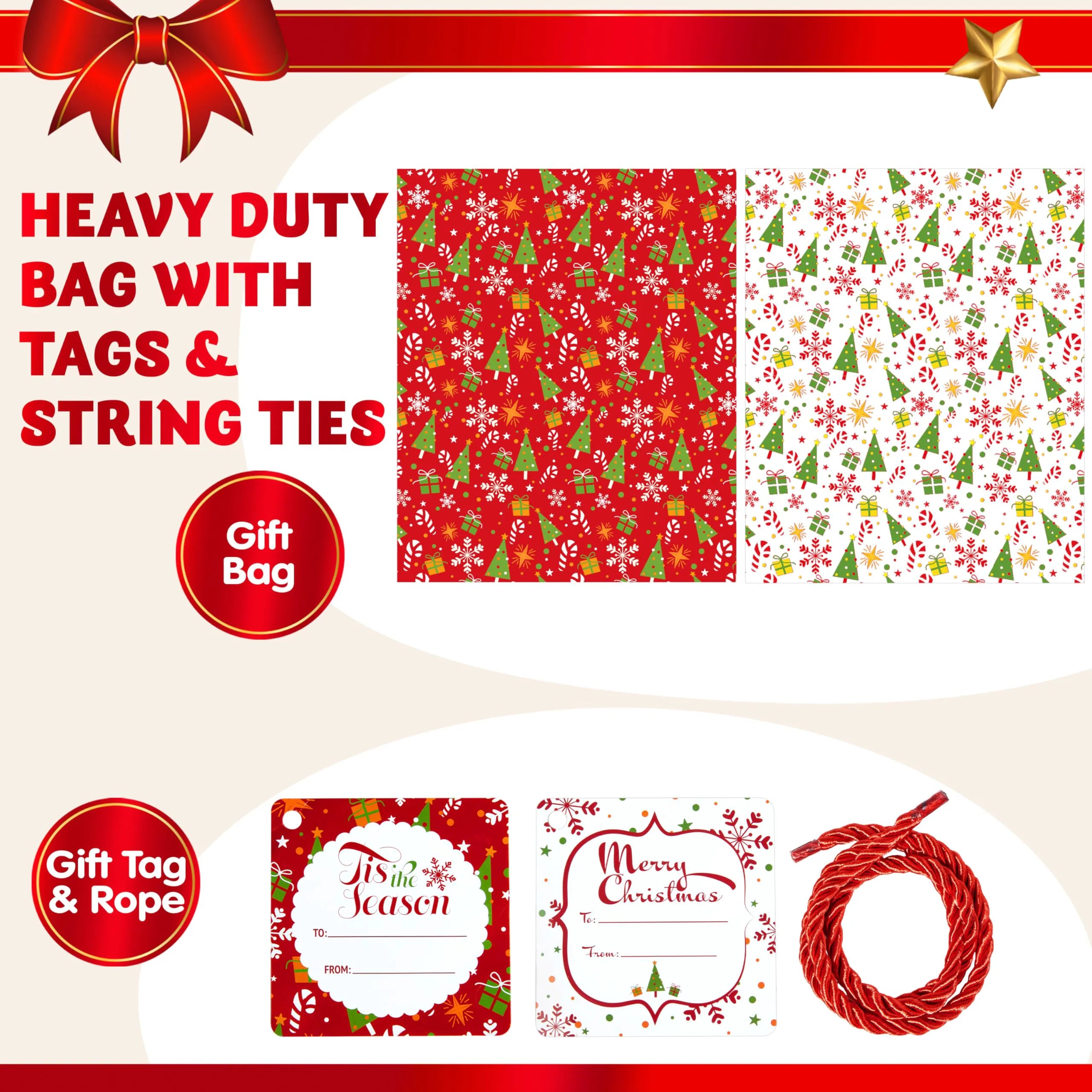 2 Large Red & White Christmas Holiday Plastic Gift Bags