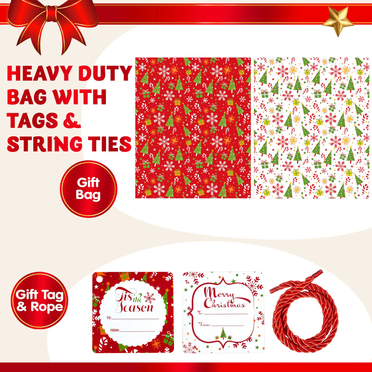2 Large Red & White Christmas Holiday Plastic Gift Bags