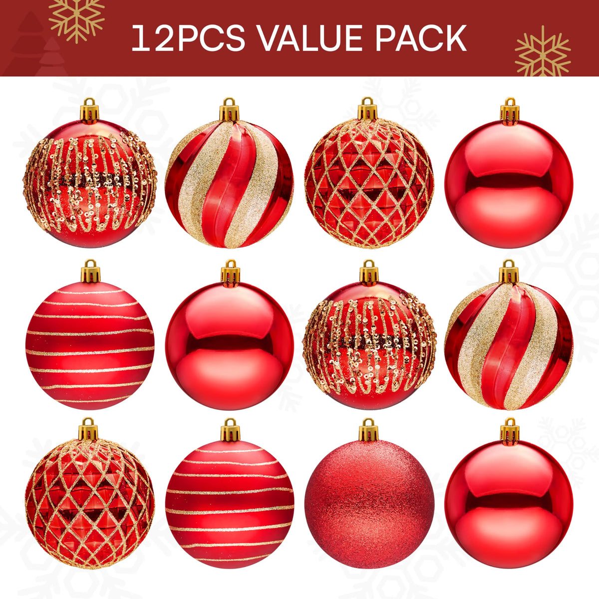 12-Piece Set of 3.15-Inch Red and Gold Christmas Ball Ornaments