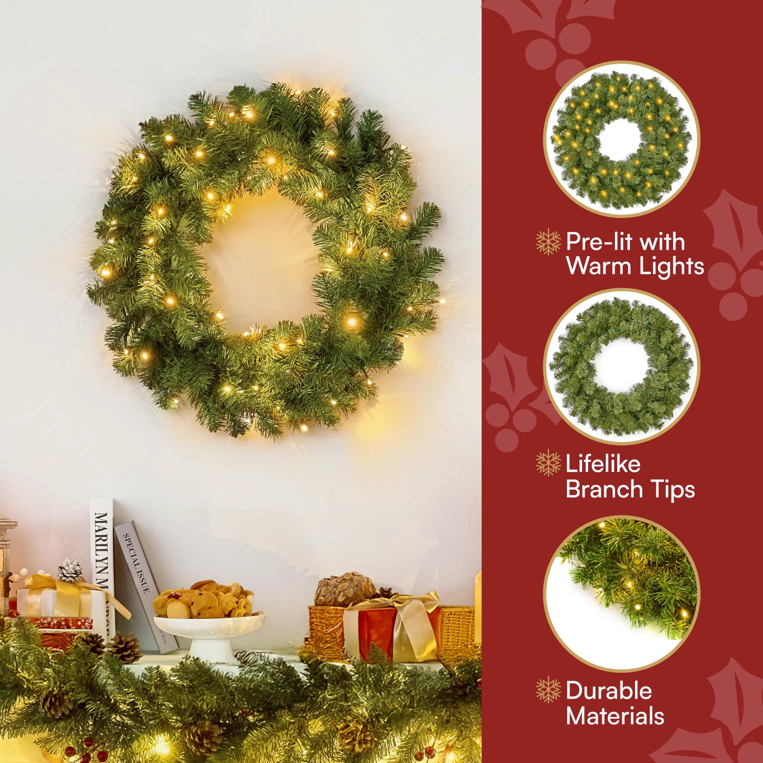 24-Inch Pre-Lit Christmas Wreath with Warm Lights