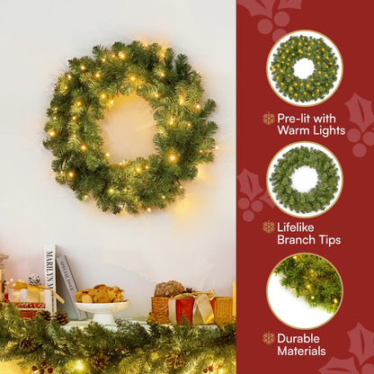 24-Inch Pre-Lit Christmas Wreath with Warm Lights
