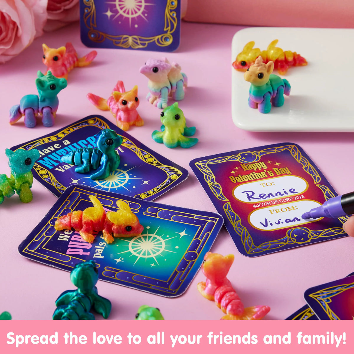 28 Pcs Kids Valentine's Day Cards with 3D Printed Mythical Creatures Toys