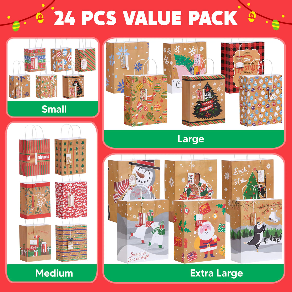 24 PCS Christmas Kraft Gift Bags, Assorted Sizes Xmas Paper Bags