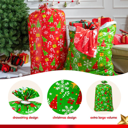 2 Large Red & Green Christmas Holiday Plastic Gift Bags