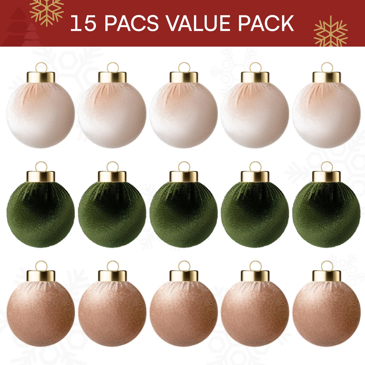 15-Piece Christmas Velvet Ball Ornament Set, 2.36-Inch Green Brown Neutral