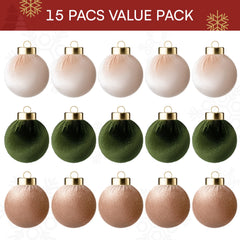15-Piece Christmas Velvet Ball Ornament Set, 2.36-Inch Green Brown Neutral