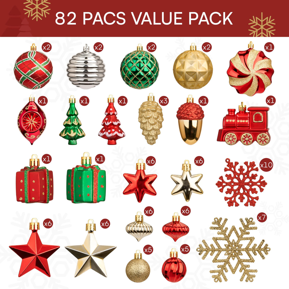 82-Piece Assorted Christmas Ornament Ball Set, 3.15-Inch Red Gold Green Deluxe