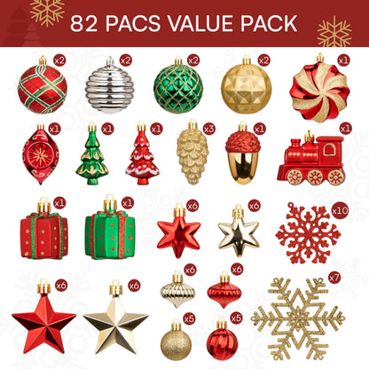 82-Piece Assorted Christmas Ornament Ball Set, 3.15-Inch Red Gold Green Deluxe