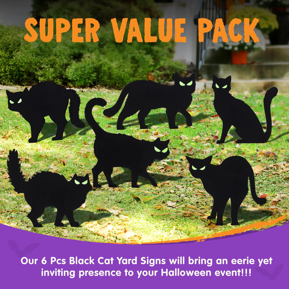 6 Halloween Black Cat Yard Signs with Glow-in-the-Dark Eyes