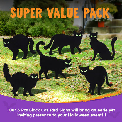 6 Halloween Black Cat Yard Signs with Glow-in-the-Dark Eyes