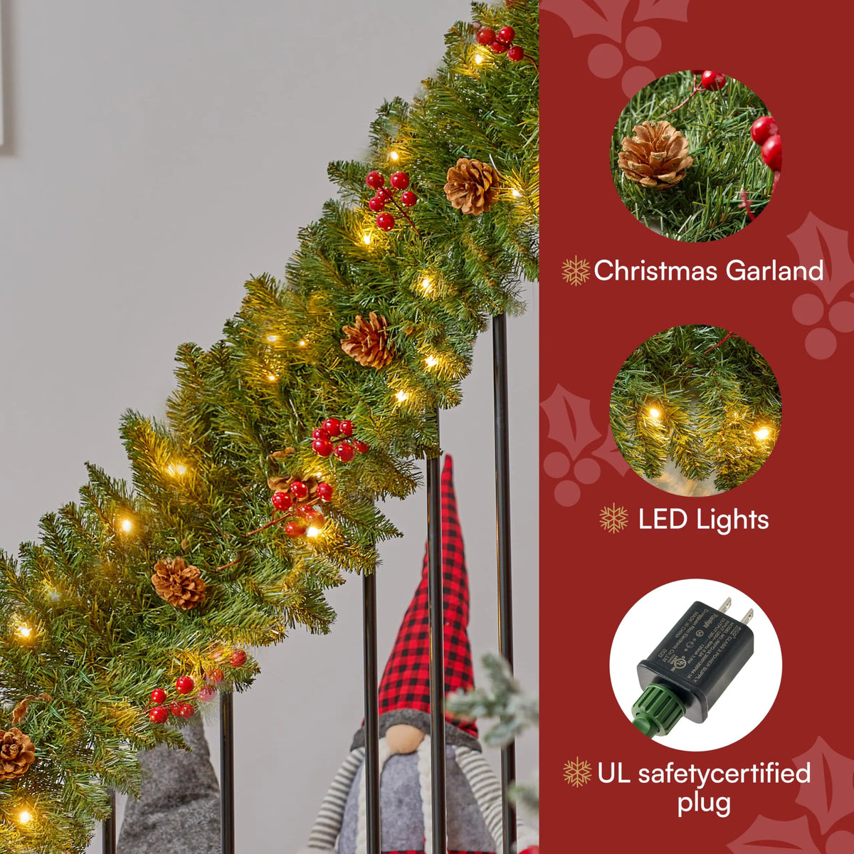 9-Foot Artificial Christmas Garland with Pine Cones and Red Berries
